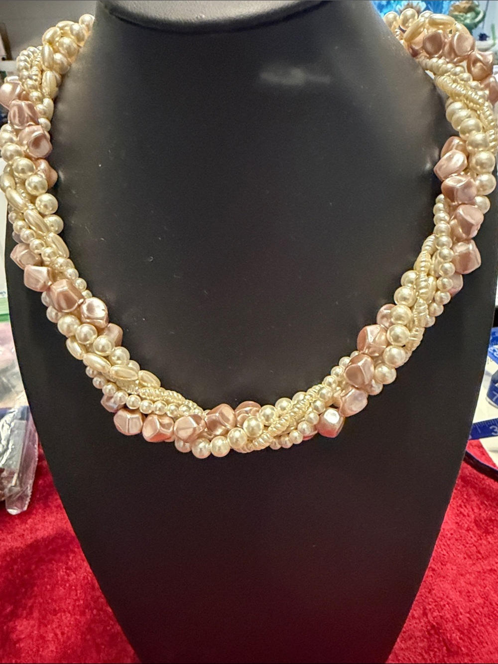 NEW Braided Pearl-Style Multi-Strand Necklace in Blush and Ivory 17” unsigned